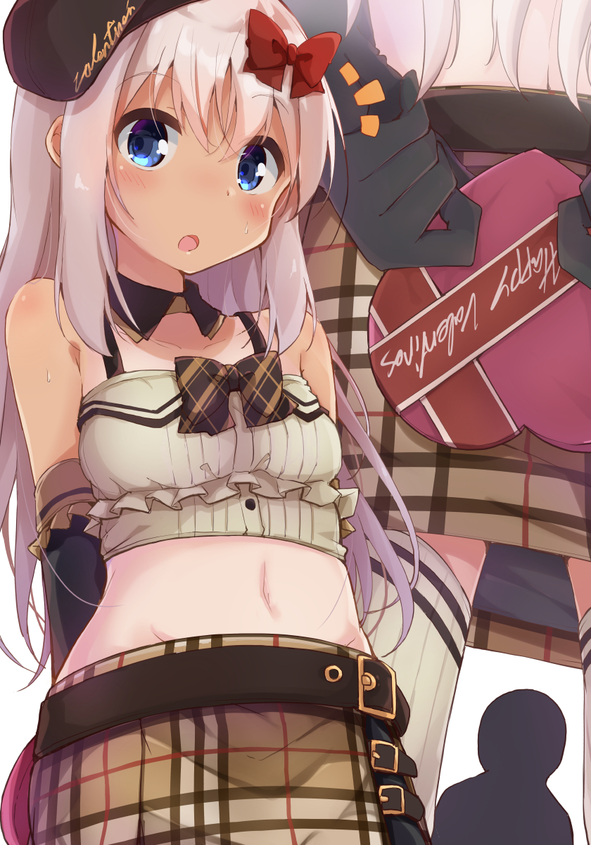 /\/\/\ 1girl 1other :o alternate_costume bangs bare_shoulders belt blue_eyes blush bow box breasts candy casual chocolate chocolate_heart commentary_request detached_collar elbow_gloves eyebrows_visible_through_hair food frills gift gift_box gloves groin hair_bow happy_valentine hat heart highres kantai_collection long_hair looking_at_viewer midriff navel one-piece_tan open_mouth pink_hair red_bow ro-500_(kantai_collection) simple_background skirt small_breasts solar_milk sweatdrop tan tanline thigh-highs valentine