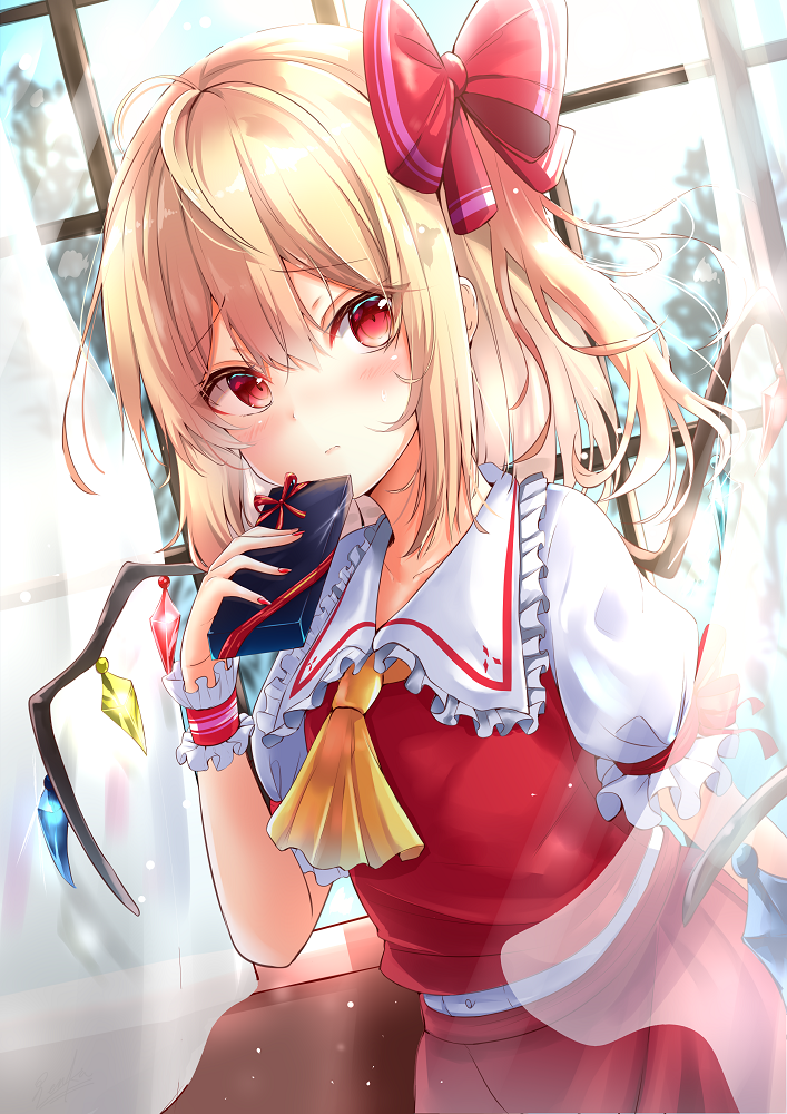 1girl ascot bangs blonde_hair blush bow commentary_request crystal curtains eyebrows_visible_through_hair flandre_scarlet frilled_shirt_collar frills hair_between_eyes hair_bow hand_up holding indoors long_hair looking_at_viewer nail_polish no_hat no_headwear one_side_up puffy_short_sleeves puffy_sleeves red_bow red_eyes red_nails red_skirt red_vest renka_(cloudsaikou) shirt short_sleeves sidelocks skirt skirt_set solo touhou upper_body vest white_shirt window wings wrist_cuffs yellow_neckwear