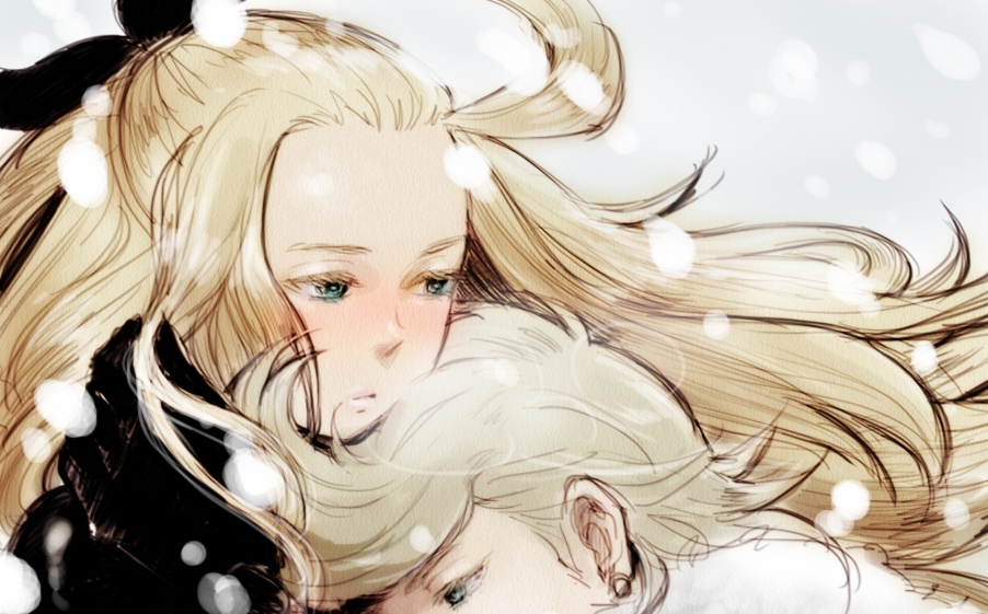 1boy 1girl ahoge blonde_hair blush bow bravely_default:_flying_fairy bravely_default_(series) closed_mouth commentary_request edea_lee green_eyes hair_bow long_hair maccory ringabel snow winter_clothes