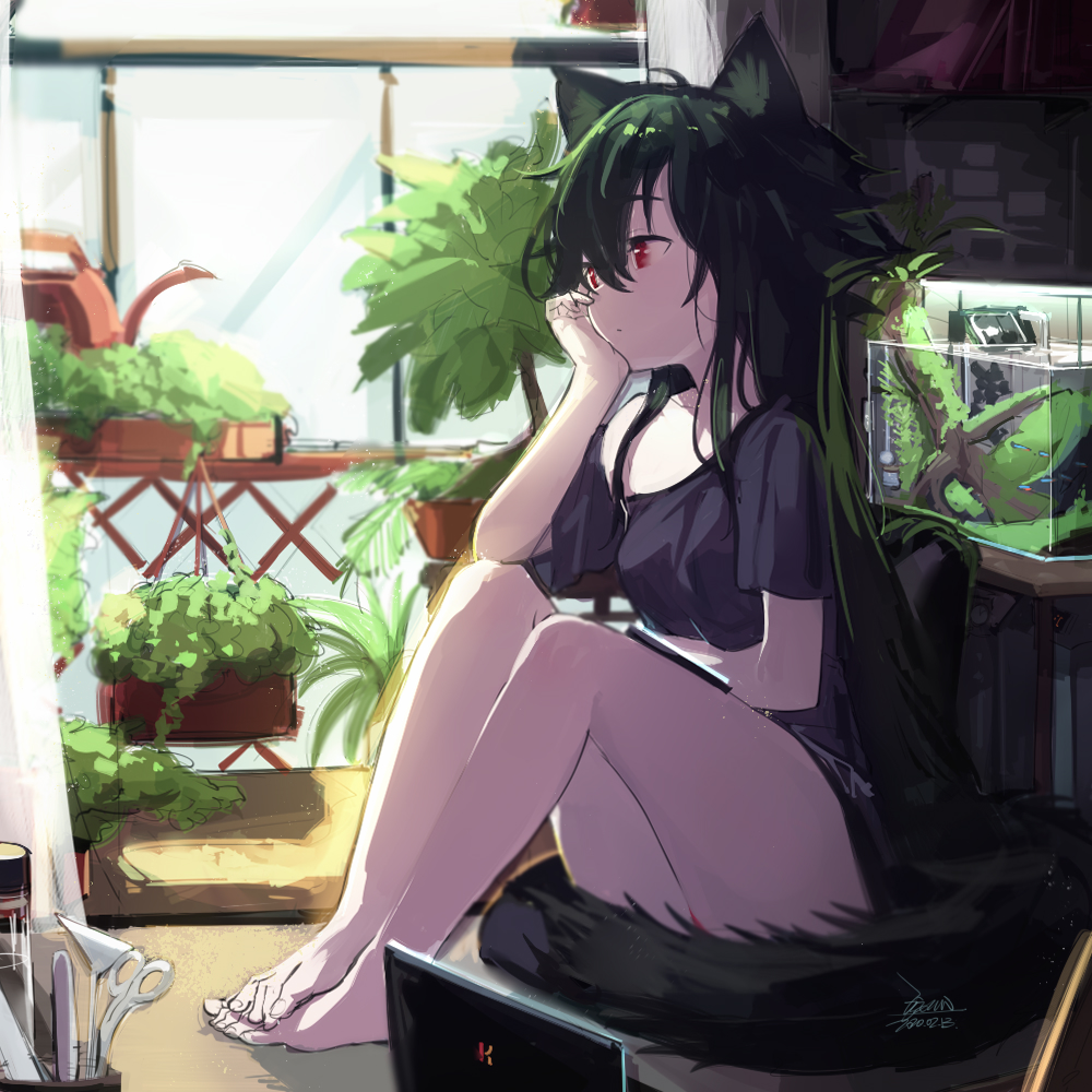 1girl animal_ears aquarium bare_legs barefoot black_hair black_shirt breasts closed_mouth computer dated day ejami ekko_(ejami) fox_ears fox_girl fox_tail hair_between_eyes hand_on_own_cheek indoors knees_up laptop long_hair looking_afar looking_away no_pants off_shoulder on_floor original plant potted_plant red_eyes scissors shirt signature single_bare_shoulder sitting small_breasts solo sunlight tail very_long_hair water watering_can window