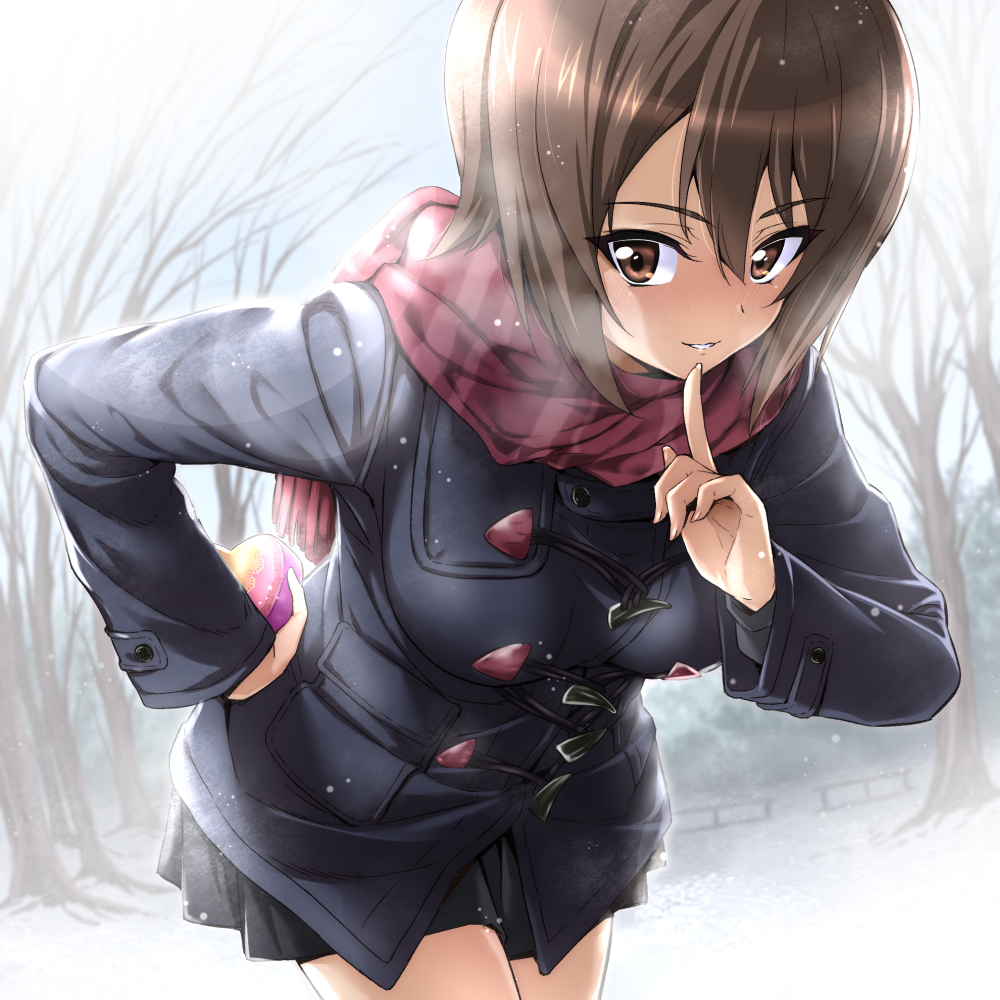 1girl bangs bare_tree black_skirt blush box breasts brown_eyes brown_hair coat cold finger_to_mouth gift gift_box girls_und_panzer grin hair_between_eyes heart-shaped_box large_breasts leaning_forward long_sleeves looking_at_viewer nakahira_guy nishizumi_maho outdoors scarf shiny shiny_hair short_hair skirt smile snowing solo tree valentine winter