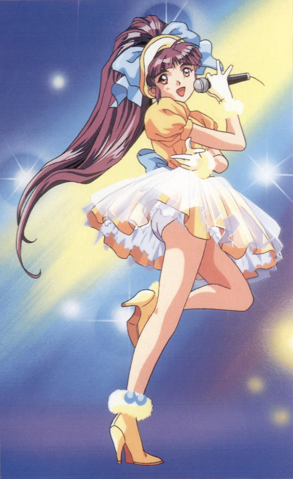 1990s_(style) 1girl full_body gloves headdress high_heels high_ponytail holding holding_microphone idol injuu_gakuen_la_blue_girl layered_skirt leg_up long_hair microphone midou_miko official_art open_mouth petticoat puffy_sleeves purple_hair rin-sin scan short_sleeves