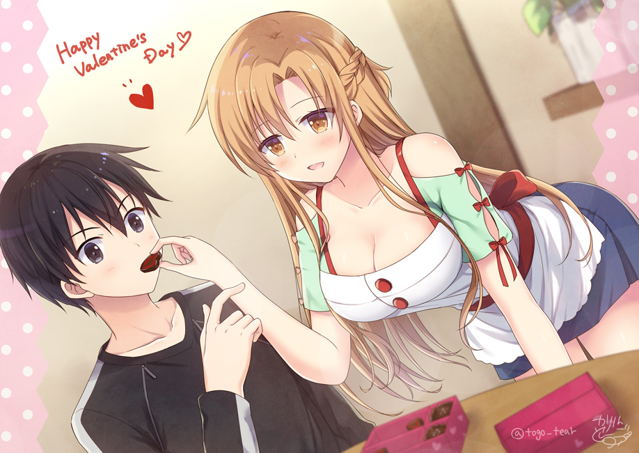 1boy 1girl apron asuna_(sao) bangs black_hair black_sweater blue_skirt blush braid breasts brown_eyes brown_hair chocolate commentary_request eyebrows_visible_through_hair happy_valentine heart kirito long_hair looking_at_viewer open_mouth red_ribbon ribbon short_hair skirt smile sweater sword_art_online tougo valentine white_apron