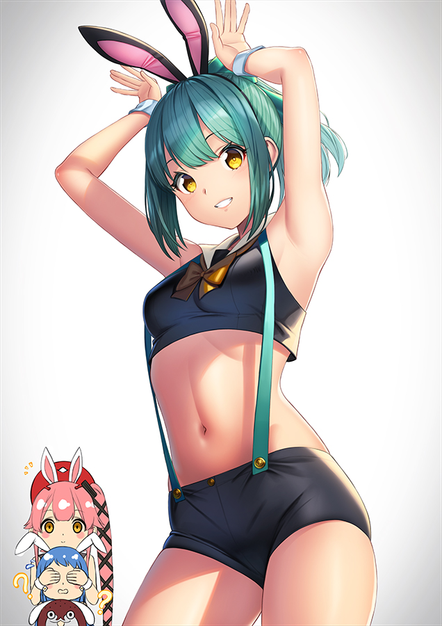 2others 3girls ? adapted_costume animal_ears armpits blue_hair blush blush_stickers bokukawauso bunny_pose commentary_request covering_eyes enemy_lifebuoy_(kantai_collection) eyebrows_visible_through_hair fake_animal_ears green_hair grin kantai_collection kyon_(fuuran) long_hair multiple_girls multiple_others navel pink_hair ponytail rabbit_ears samidare_(kantai_collection) short_hair sleeveless smile suspenders very_long_hair wrist_cuffs yellow_eyes yura_(kantai_collection) yuubari_(kantai_collection)