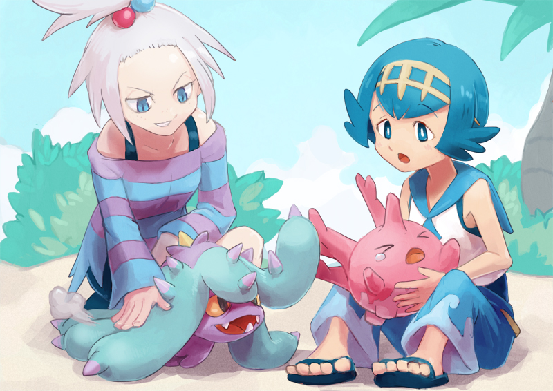 bike_shorts blue_eyes corsola dress forehead freckles gen_2_pokemon gen_7_pokemon gym_leader hair_bobbles hair_ornament homika_(pokemon) mareanie pokemon pokemon_(game) pokemon_bw2 pokemon_sm polyacryla sandals strapless strapless_dress striped striped_dress suiren_(pokemon) trial_captain