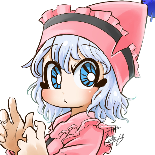 1girl avatar_icon blue_eyes chamaji close-up commentary eyebrows_visible_through_hair frilled_hat frills hair_between_eyes hat long_sleeves looking_at_viewer lowres merlin_prismriver musical_note pink_headwear pink_shirt pom_pom_(clothes) shirt short_hair signature simple_background solo touhou upper_body white_background white_hair