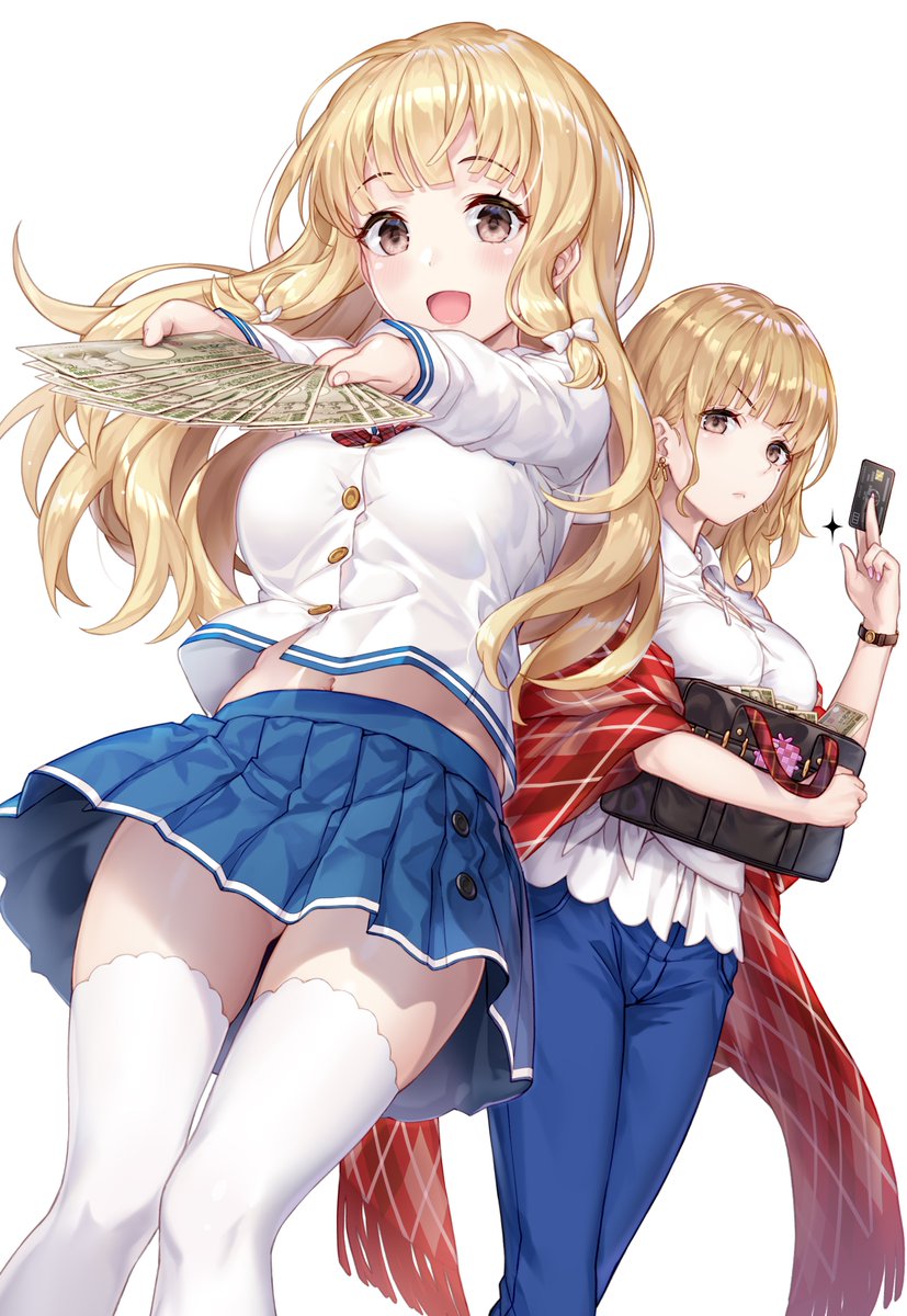 2girls bag bangs black_bag blonde_hair blue_pants blue_skirt breasts card commentary_request copyright_request credit_card eyebrows_visible_through_hair highres holding holding_bag holding_card holding_money katoroku large_breasts long_hair long_sleeves looking_at_viewer multiple_girls pants shirt simple_background skirt thigh-highs white_background white_legwear white_shirt