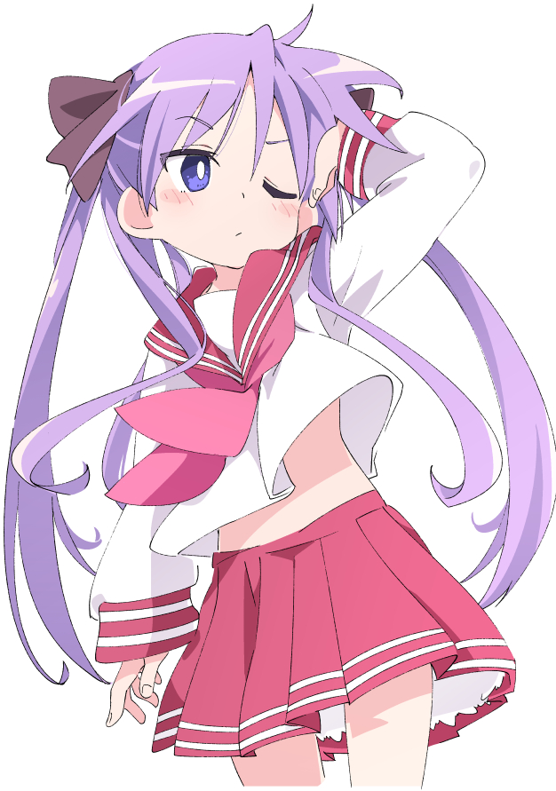 1girl blush_stickers eyebrows_visible_through_hair hand_up hiiragi_kagami ixy lavender_hair long_hair looking_to_the_side lucky_star midriff one_eye_closed pink_neckwear pleated_skirt red_skirt ryouou_school_uniform school_uniform serafuku simple_background skirt solo twintails violet_eyes white_background