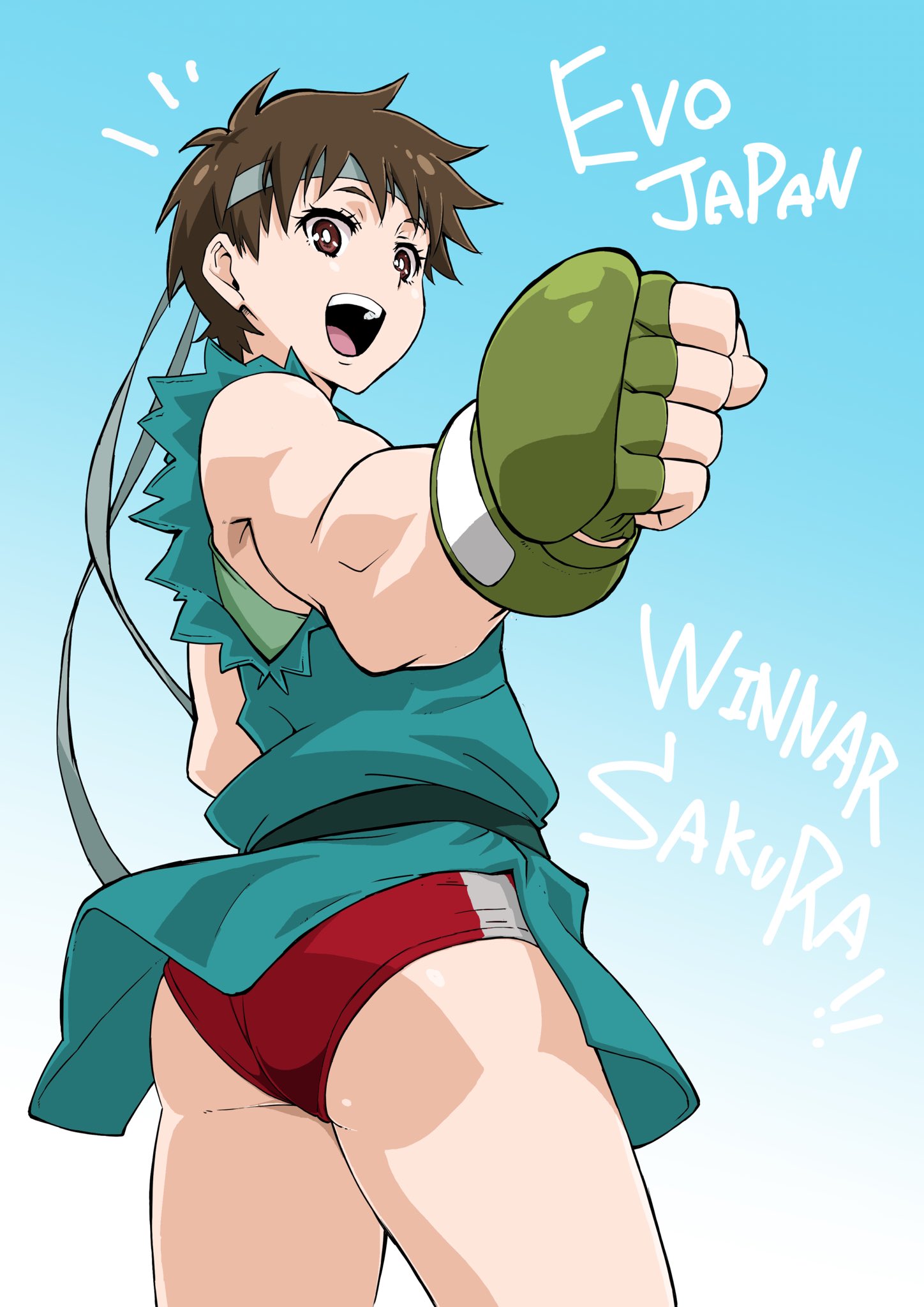 bloomers brown_eyes brown_hair gloves headband highres kasugano_sakura makinaru muscle open_mouth street_fighter underwear