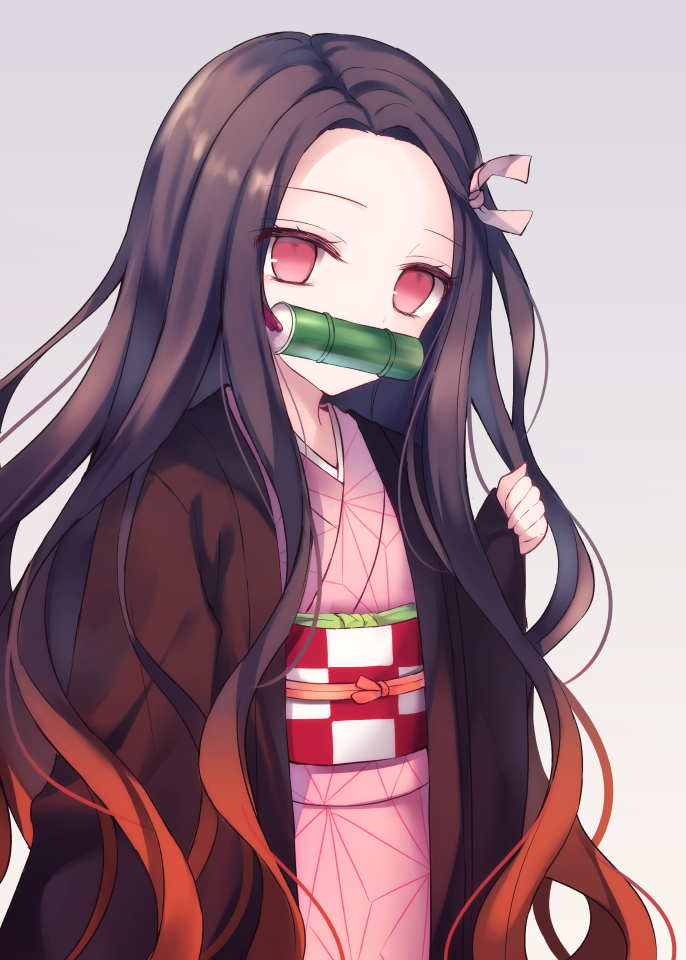 1girl bamboo bangs bit_gag black_hair brown_hair commentary_request forehead gag gradient_hair hair_ribbon japanese_clothes kamado_nezuko kimetsu_no_yaiba kimono kurumi_mashiro long_hair long_sleeves looking_at_viewer mouth_hold multicolored_hair pink_eyes pink_kimono pink_ribbon ribbon simple_background solo two-tone_hair very_long_hair