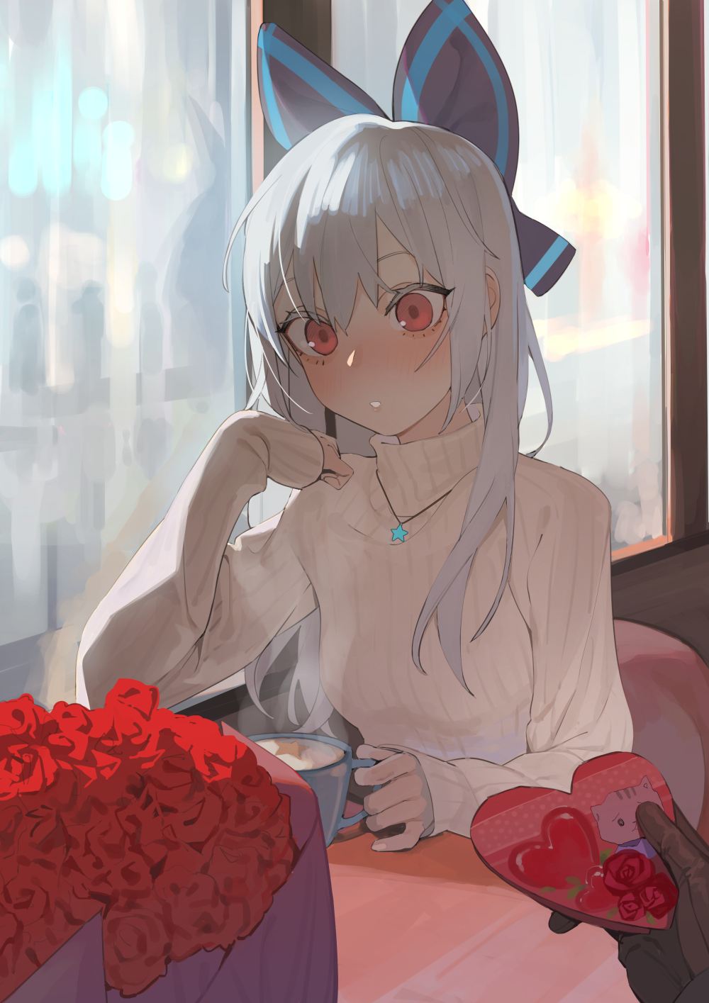 1girl alternate_costume blush bouquet bow cup flower girls_frontline hair_bow highres holding holding_cup jewelry juz long_hair long_sleeves necklace pov pov_hands red_eyes silver_hair solo_focus sweat sweater tokarev_(girls_frontline) turtleneck turtleneck_sweater upper_body valentine window