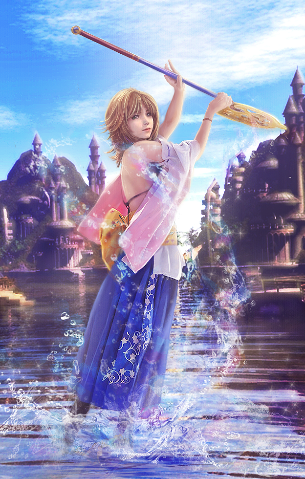 1girl arms_up blue_skirt blue_sky bra bracelet brown_hair building closed_mouth detached_sleeves female final_fantasy final_fantasy_x floral_print hakama heterochromia holding holding_staff japanese_clothes jewelry leikangmin long_skirt looking_at_viewer outdoors sash short_hair skirt sky solo staff standing standing_on_liquid underwear water wide_sleeves yuna_(ff10)