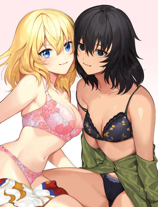 2girls andou_(girls_und_panzer) bangs black_bra black_hair black_panties blonde_hair blue_eyes bra breasts brown_eyes cheek-to-cheek closed_mouth clothes_removed dark_skin floral_print girls_und_panzer gradient gradient_background green_shirt lace lace-trimmed_bra long_sleeves looking_at_viewer medium_breasts medium_hair messy_hair multicolored_shirt multiple_girls navel off_shoulder oshida_(girls_und_panzer) panties pink_background pink_bra pink_panties print_bra print_panties shirt shirt_pull side-by-side sitting smile strap_slip tan3charge underwear