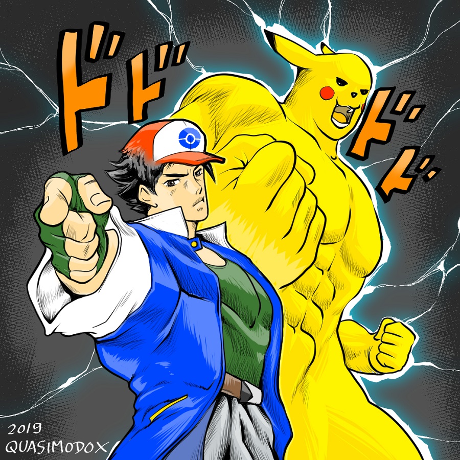 1980s_(style) 2boys abs araki_hirohiko_(style) baseball_cap black_hair brown_eyes commentary electricity fingerless_gloves gloves green_gloves hat jojo_no_kimyou_na_bouken jojo_pose male_focus manly multiple_boys muscle oldschool parody pikachu pointing pointing_at_viewer pokemon pokemon_(anime) pokemon_(classic_anime) pose quasimodox satoshi_(pokemon) stand_(jojo) style_parody yellow_fur