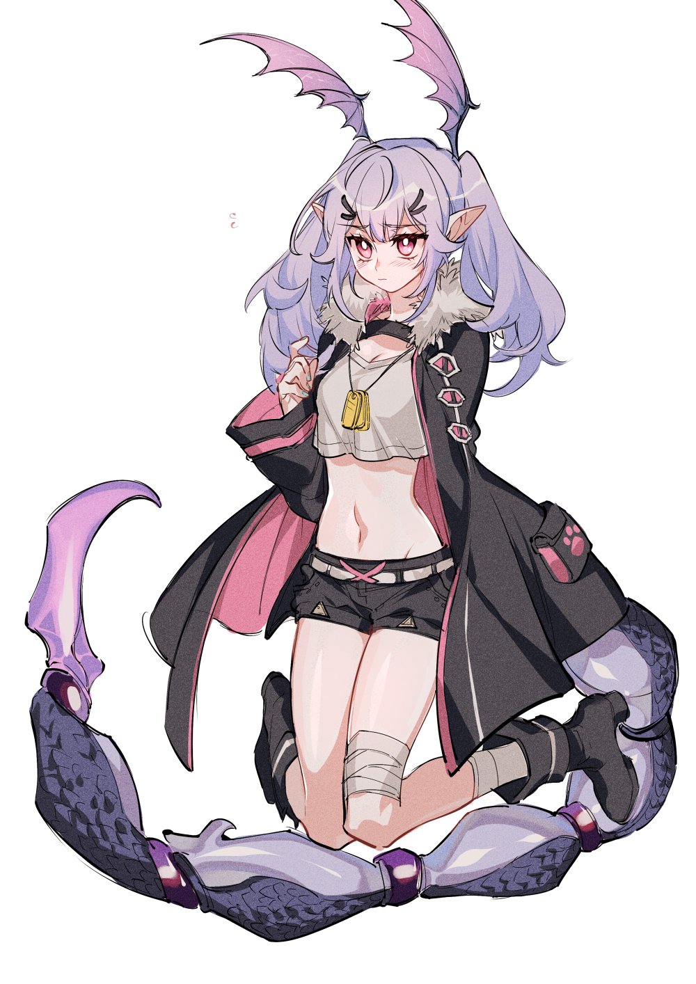 1girl animal_ears arknights bandaged_leg bandages bangs belt blush boots coat dog_tags fur_trim hair_ornament hairclip highres long_hair manticore_(arknights) midriff navel pointy_ears purple_hair scorpion_tail shorts simple_background solo tail towtow_redoland violet_eyes white_background