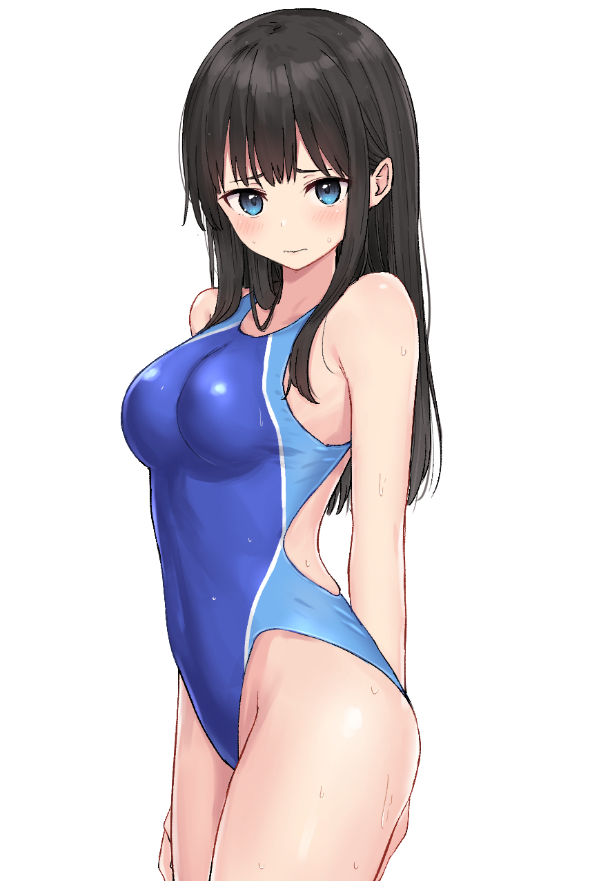 1girl arms_behind_back black_hair blue_swimsuit breasts clenched_hand competition_swimsuit covered_navel cowboy_shot green_eyes highres long_hair looking_at_viewer medium_breasts one-piece_swimsuit original solo standing swimsuit zuima