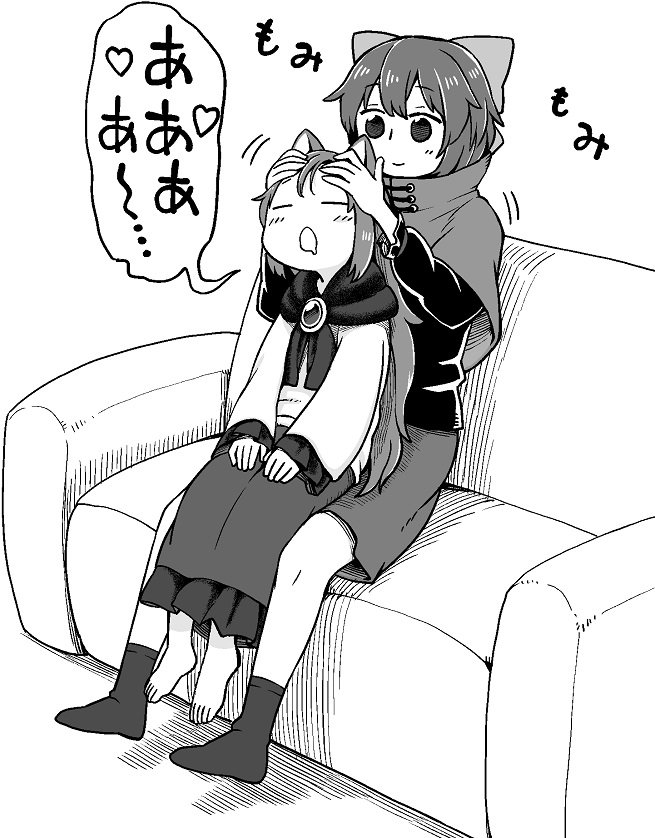 2girls animal_ears barefoot blouse bow capelet closed_eyes closed_mouth couch eyebrows_visible_through_hair greyscale hair_bow imaizumi_kagerou long_hair long_sleeves massage monochrome multiple_girls no_shoes poronegi saliva saliva_trail scarf sekibanki short_hair sitting sitting_on_lap sitting_on_person skirt smile socks touhou wolf_ears younger