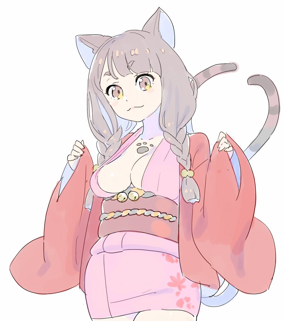 1girl :3 animal_ears bangs bell blunt_bangs braid breasts brown_eyes brown_hair cat_ears cat_tail closed_mouth cowboy_shot eyebrows_visible_through_hair japanese_clothes jingle_bell kimono long_hair long_sleeves looking_at_viewer medium_breasts multiple_tails nagisa_kurousagi nekomata_(youkai_hyakki-tan!) obi paw_print pink_kimono sash simple_background sleeves_past_fingers sleeves_past_wrists smile solo standing tail twin_braids two_tails white_background wide_sleeves youkai_hyakki-tan!