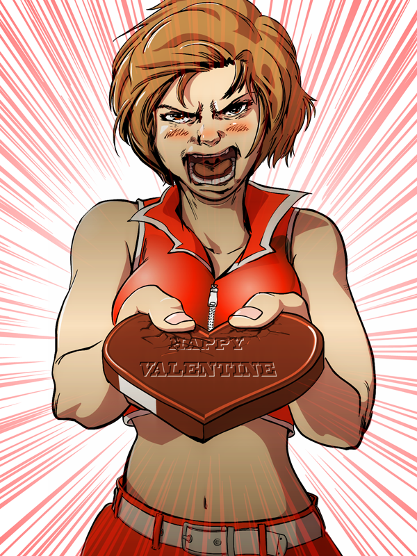 1girl bare_shoulders belt blush breasts brown_hair candy chocolate chocolate_heart commentary cracked crop_top emphasis_lines food giving heart holding_chocolate holding_heart looking_at_viewer medium_breasts meiko midriff navel nippori_honsha open_mouth red_shirt red_skirt shirt short_hair skirt solo v-shaped_eyebrows valentine vocaloid zipper