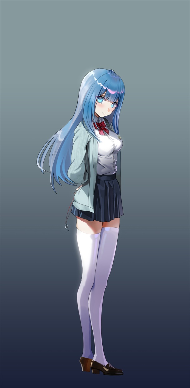 1girl arms_behind_back bangs black_skirt blue_eyes blue_hair blue_jacket blush bow bowtie breasts brown_footwear closed_mouth collared_shirt crossed_legs dress_shirt eyebrows_visible_through_hair full_body high_heels highres jacket liyou-ryon loafers long_hair looking_at_viewer medium_breasts open_clothes open_jacket original pleated_skirt red_neckwear shirt shoes skirt smile solo standing thigh-highs very_long_hair white_legwear white_shirt