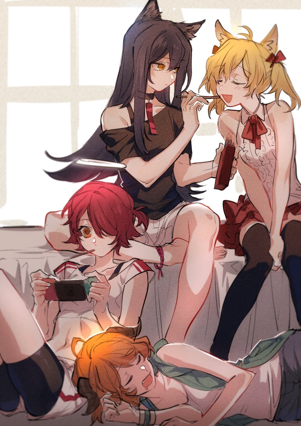 4girls animal_ears anklet arknights bare_shoulders bike_shorts black_hair black_legwear blush brown_eyes closed_eyes croissant_(arknights) exusiai_(arknights) fang food hair_over_one_eye highres horns jewelry long_hair lying multiple_girls nintendo_switch on_side open_mouth orange_hair pocky redhead shorts sitting skirt sleeveless smile sora_(arknights) texas_(arknights) thigh-highs towtow_redoland twintails vest