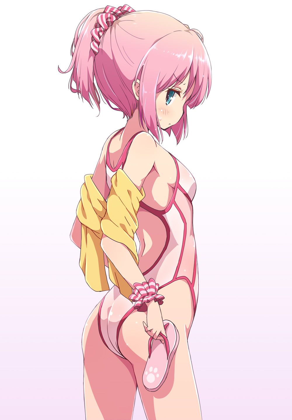 1girl ass bangs blush breasts chiyoda_momo closed_mouth competition_swimsuit gradient gradient_background hair_ornament hair_scrunchie highleg highleg_swimsuit highres holding_footwear looking_at_viewer looking_back machikado_mazoku mel_(melty_pot) one-piece_swimsuit pink_hair pink_swimsuit ponytail sandals scrunchie short_hair sideboob simple_background small_breasts solo standing swimsuit towel wrist_scrunchie yellow_towel