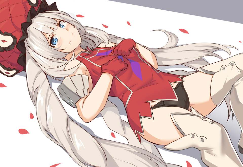 1girl bangs bare_shoulders black_panties blue_eyes blush boots breasts dress eyebrows_visible_through_hair fate/grand_order fate_(series) gloves long_hair looking_at_viewer lying marie_antoinette_(fate/grand_order) on_back panties pointing red_dress red_gloves red_headwear shiseki_hirame short_dress smile thigh-highs thigh_boots underwear very_long_hair white_legwear