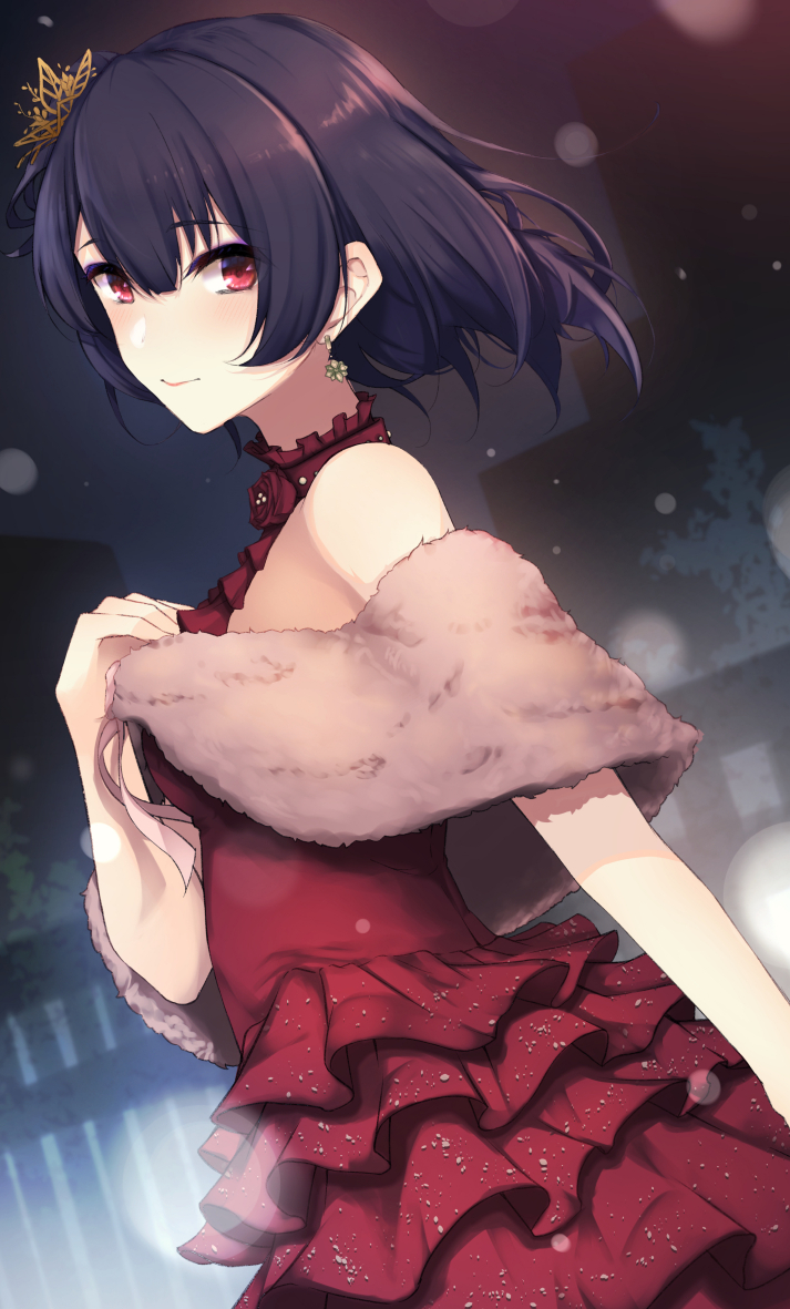 1girl bangs bare_shoulders black_hair blush breasts city closed_mouth dress earrings frilled_dress frills fur_trim hair_ornament hand_on_own_chest idolmaster idolmaster_shiny_colors jewelry looking_at_viewer morino_rinze night night_sky otsumami_(otsu-mugi) outdoors red_dress red_eyes sky solo straight_hair