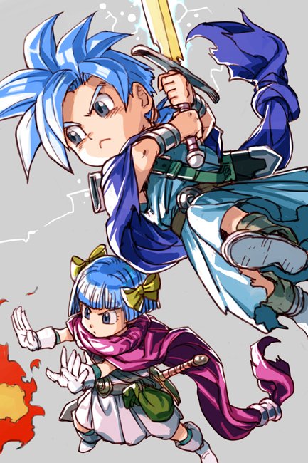 1boy 1girl :&lt; alternate_hair_color blue_eyes blue_hair bob_cut brother_and_sister cape dragon_quest dragon_quest_v electricity fire grey_background hair_ribbon hankuri hero's_daughter_(dq5) hero's_son_(dq5) magic ribbon short_hair siblings simple_background spiky_hair sword twins weapon yellow_ribbon