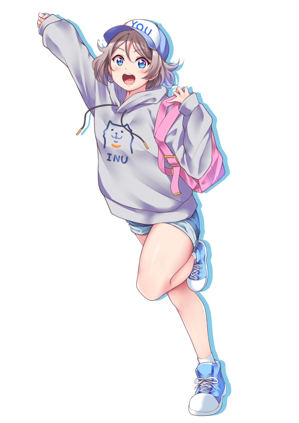 1girl :d alternate_costume arm_up backpack bag bare_legs blue_eyes blue_footwear blue_headwear blue_shorts blush brown_hair casual character_name clenched_hand clothes_writing commentary_request denim denim_shorts drawstring full_body grey_hoodie highres kanabun leg_up long_sleeves looking_at_viewer love_live! love_live!_sunshine!! open_mouth round_teeth shoes short_hair short_shorts shorts simple_background sleeves_past_wrists smile sneakers socks solo standing standing_on_one_leg teeth upper_teeth watanabe_you white_background white_legwear