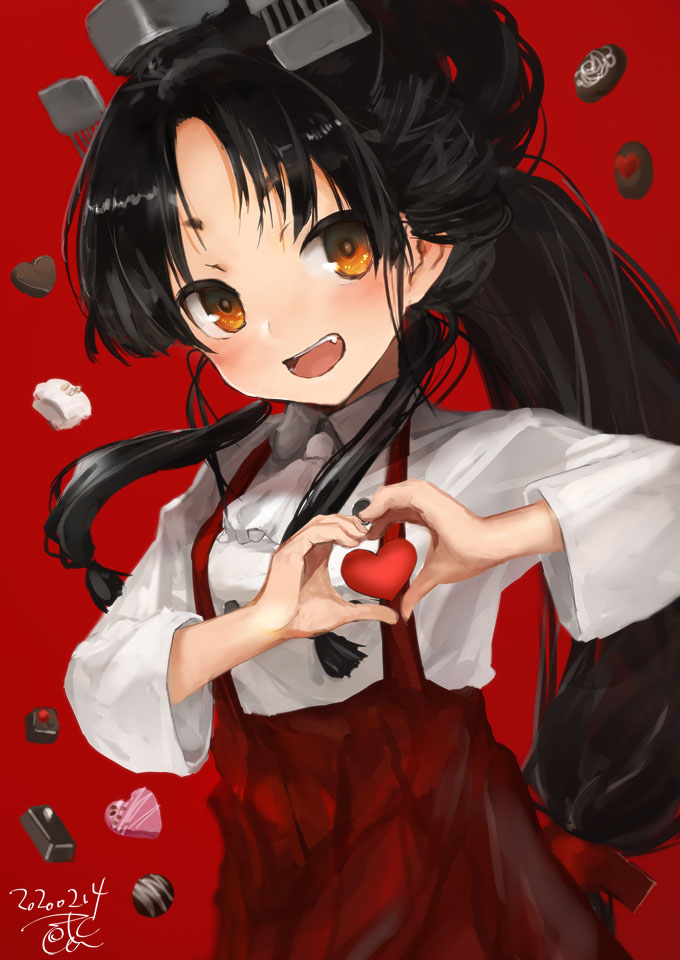 1girl alternate_costume bangs black_hair blush brown_eyes candy chocolate chocolate_heart dated fang food headgear heart heart_hands high_ponytail kantai_collection long_hair nisshin_(kantai_collection) open_mouth ponytail red_background red_skirt shirt sidelocks signature simple_background skirt solo suspender_skirt suspenders toka_(marchlizard) upper_body valentine white_neckwear white_shirt
