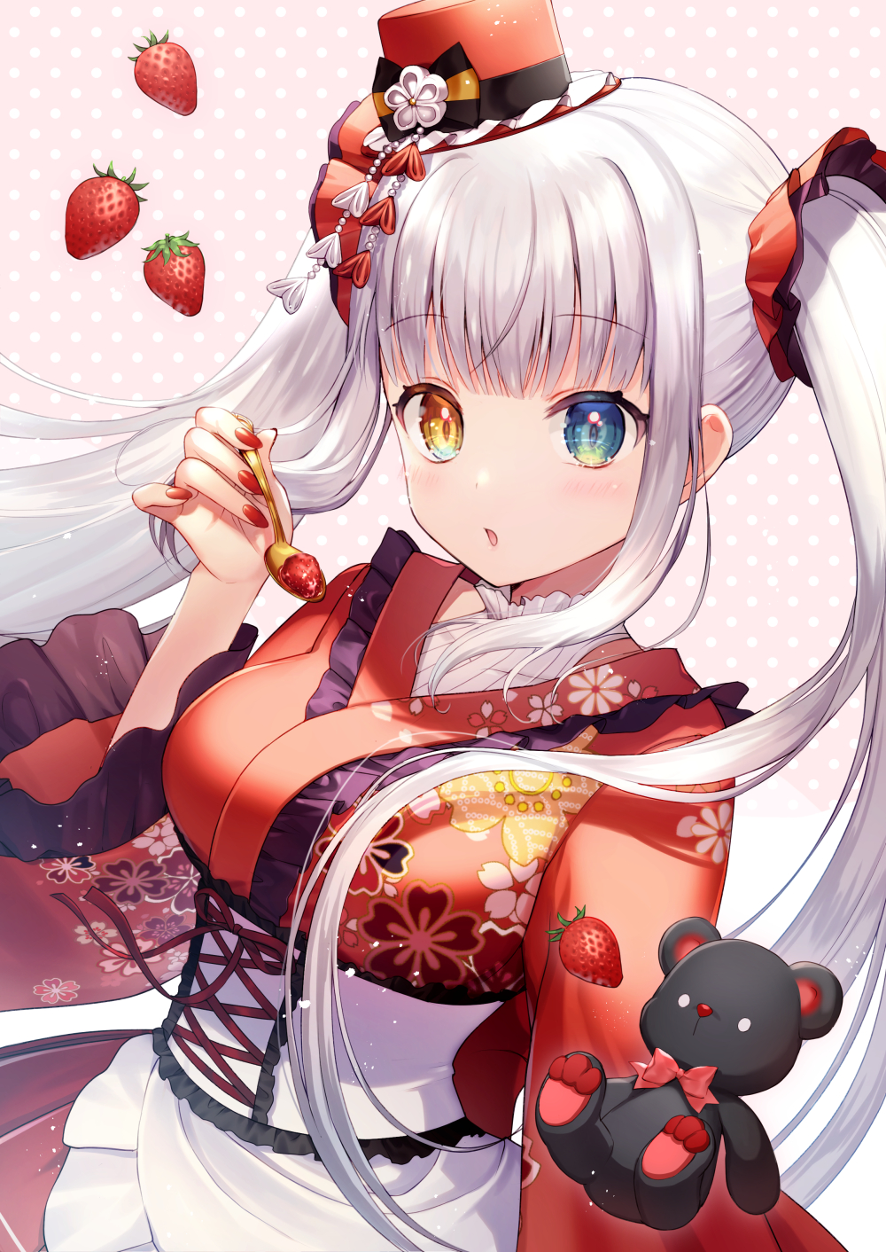 1girl apron bangs blue_eyes blush bow bowtie breasts brown_eyes commentary_request eyebrows_visible_through_hair fingernails floral_print food frilled_apron frills fruit hand_up hat heterochromia highres holding holding_spoon japanese_clothes kagura_mea kagura_mea_channel kimono long_hair long_sleeves looking_at_viewer medium_breasts mini_hat mini_top_hat momoshiki_tsubaki nail_polish parted_lips print_kimono red_headwear red_kimono red_nails red_neckwear solo spoon strawberry stuffed_animal stuffed_toy teddy_bear tilted_headwear top_hat twintails very_long_hair virtual_youtuber waist_apron white_apron white_hair wide_sleeves