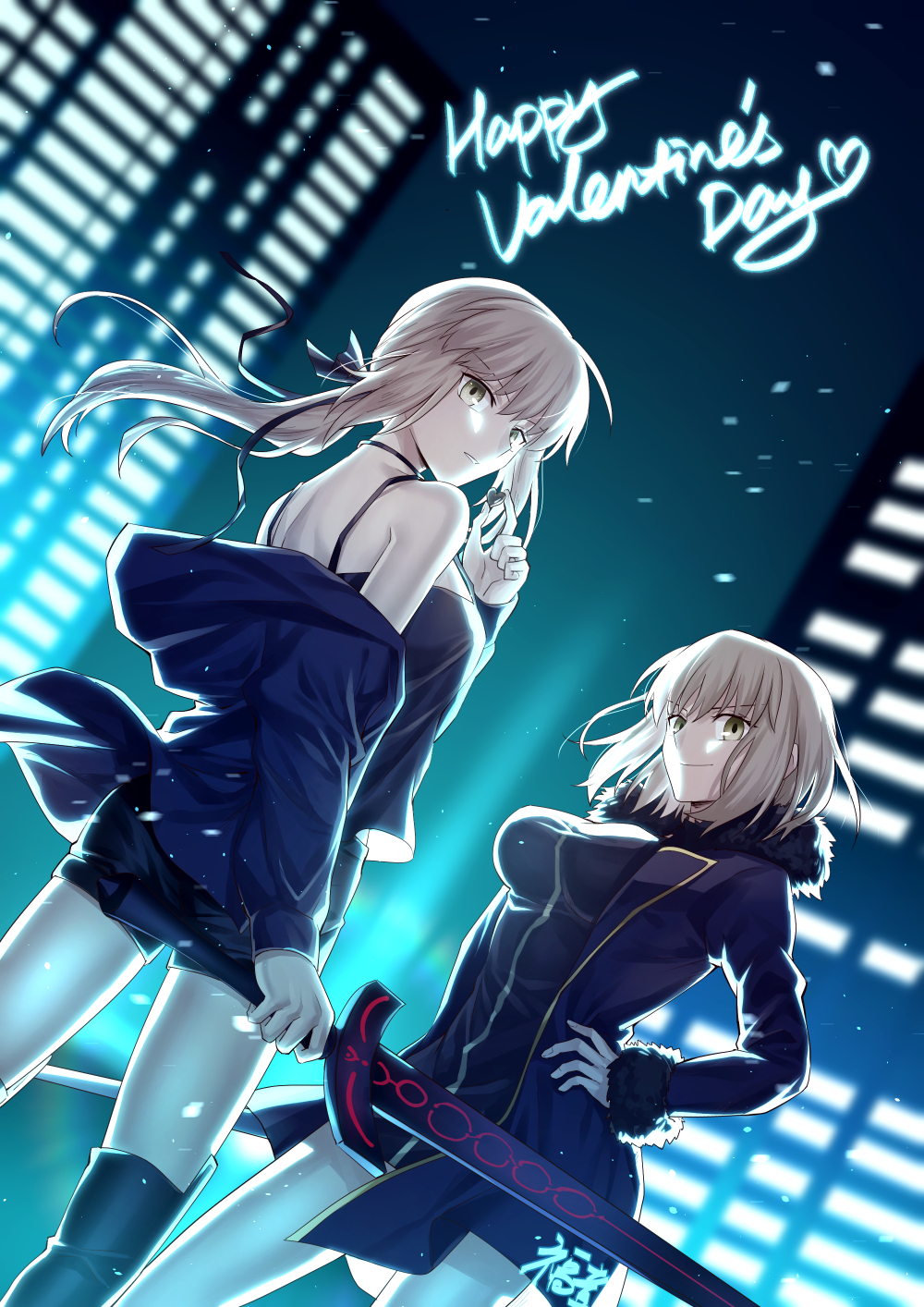 2girls artoria_pendragon_(all) bangs bare_shoulders black_dress blonde_hair blue_jacket breasts city_lights cityscape dress dutch_angle excalibur fate_(series) fur_trim gogatsu_fukuin highres jacket jeanne_d'arc_(alter)_(fate) jeanne_d'arc_(fate)_(all) jet_black_king_of_knights_ver._shinjuku_1999 large_breasts multiple_girls night off_shoulder saber_alter short_hair silver_hair sky star_(sky) starry_sky wicked_dragon_witch_ver._shinjuku_1999 yellow_eyes zipper