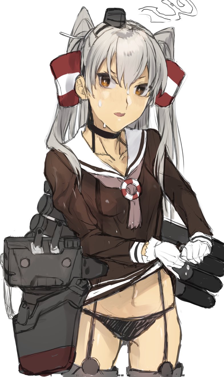 1girl amatsukaze_(kantai_collection) blush brown_dress brown_eyes dress fukazaki garter_straps gloves hair_tubes highres kantai_collection long_hair looking_at_viewer machinery rigging sailor_dress shirt silver_hair simple_background solo thigh-highs two_side_up wet wet_clothes wet_shirt