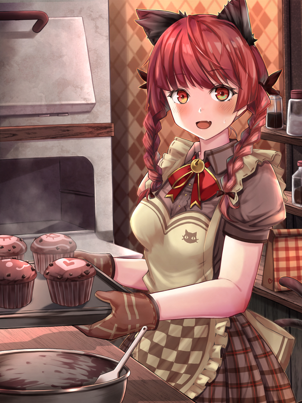 1girl :d alternate_costume animal_ears bag baking bangs bell black_ribbon blush bowl braid breasts brown_dress cat_ears cat_girl checkered checkered_apron commentary_request cowboy_shot cupcake dress eyebrows_visible_through_hair fang food grey_ribbon hair_ribbon heart highres holding indoors jar jingle_bell kaenbyou_rin long_hair looking_at_viewer medium_breasts neck_ribbon open_mouth oven oven_mitts plaid plaid_dress puffy_short_sleeves puffy_sleeves red_eyes red_neckwear red_ribbon redhead ribbon short_sleeves skin_fang smile solo spatula sweat torottye touhou twin_braids valentine wooden_table