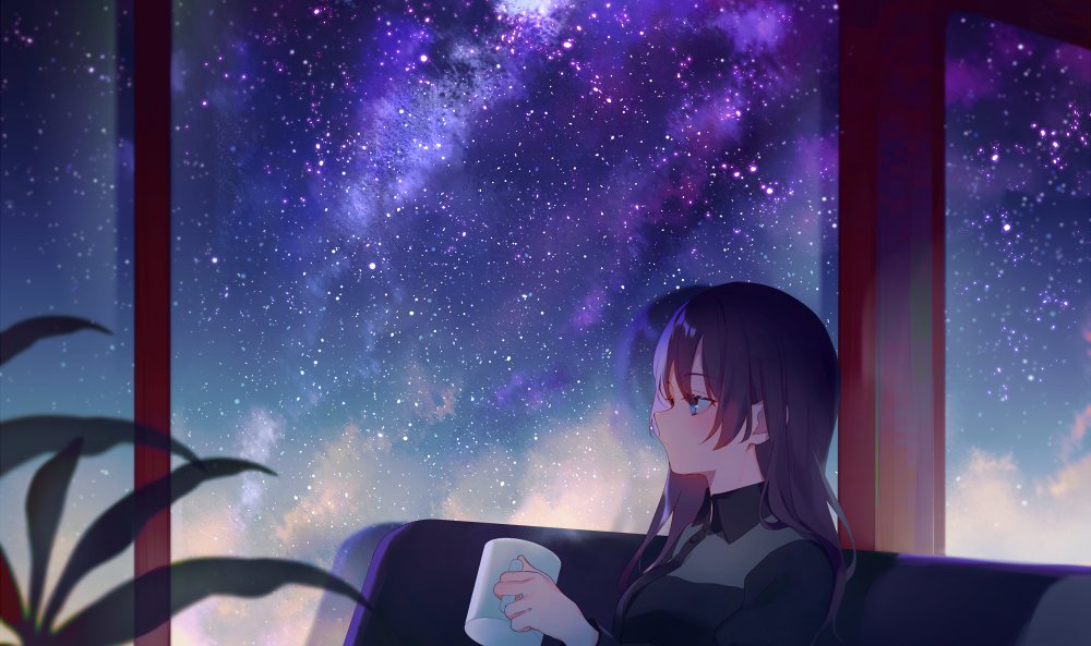 1girl achiki black_hair black_shirt blue_eyes collared_shirt cup expressionless holding holding_cup indoors long_hair looking_away milky_way mug night night_sky original profile scenery shirt sky solo star_(sky) starry_sky window
