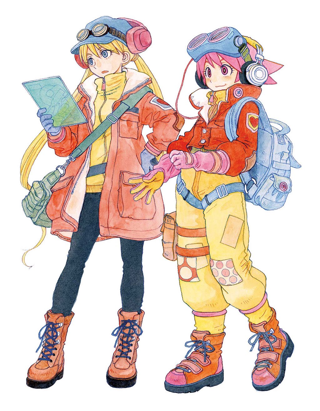 2girls adjusting_clothes adjusting_gloves azuma_kiyohiko backpack bag bangs blonde_hair blue_eyes blush boots eyebrows_visible_through_hair full_body gloves goggles goggles_on_head goggles_on_headwear hand_on_hip hat headphones highres holding jacket long_hair long_sleeves multiple_girls official_art open_mouth pants patch pink_eyes pink_hair pocket reset_(wonder_festival) short_hair simple_background smile spiky_hair standing turtleneck twintails wanda_(wonder_festival) white_background wonder_festival wonder_festival_mascots