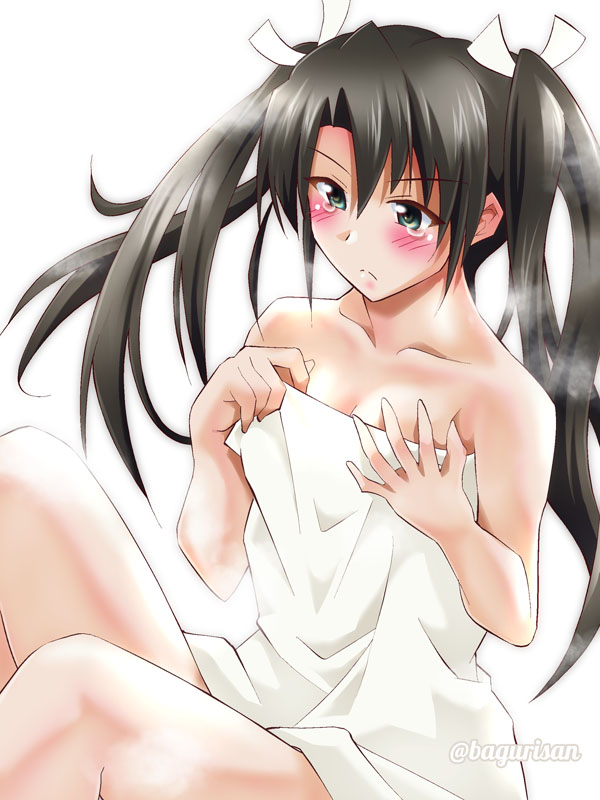 1girl akichin_(atelier_baguri) blush breasts hair_ribbon kantai_collection long_hair naked_towel ribbon small_breasts solo steam tears towel twintails zuikaku_(kantai_collection)