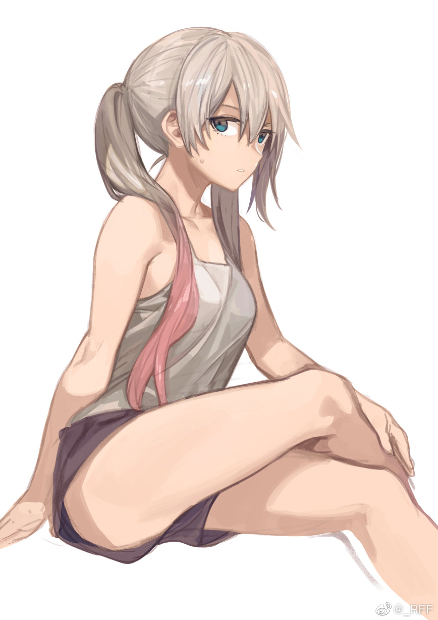 1girl artist_name blue_eyes breasts casual crossed_legs from_side girls_frontline grey_hair hair_between_eyes highres long_hair lwmmg_(girls_frontline) medium_breasts multicolored_hair parted_lips pink_hair rff_(3_percent) short_shorts shorts simple_background sitting solo sweatdrop twintails two-tone_hair upshorts watermark weibo_username