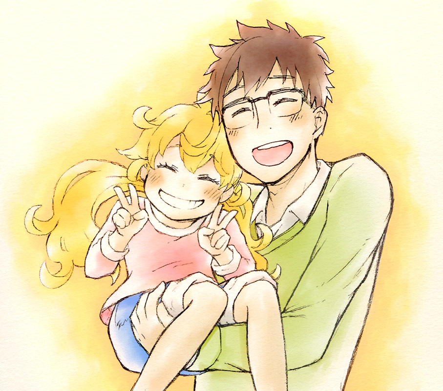 1boy 1girl :d ^_^ amaama_to_inazuma beige_background black-framed_eyewear blush brown_hair carrying clenched_teeth closed_eyes closed_mouth collared_shirt curly_hair denim denim_shorts double_v dress_shirt eyebrows_visible_through_hair eyelashes father_and_daughter feet_out_of_frame furrowed_eyebrows glasses gradient gradient_background green_sweater hair_between_eyes inuzuka_kouhei inuzuka_tsumugi knees_together_feet_apart light_brown_hair long_hair long_sleeves open_mouth orange_background otonari pink_shirt princess_carry shirt shorts simple_background smile sweater teeth twintails upper_body upper_teeth v white_shirt