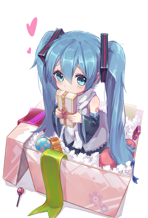 1girl aqua_eyes aqua_hair bare_shoulders black_skirt black_sleeves blush box candy covering_mouth detached_sleeves food from_above furrowed_eyebrows gift gift_box grey_shirt hair_ornament hatsune_miku heart holding holding_gift lollipop long_hair looking_at_viewer nejikyuu ribbon scarf shirt shoulder_tattoo skirt sleeveless sleeveless_shirt solo standing stuffing tattoo twintails valentine very_long_hair vocaloid white_background white_scarf