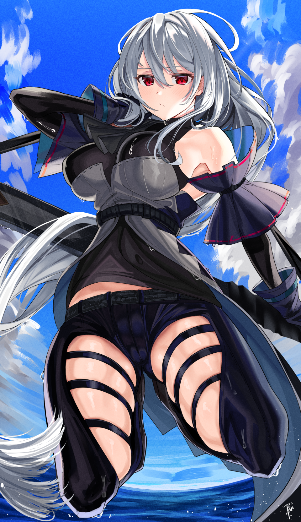 1girl arknights arm_up bare_shoulders be_garam belt black_gloves black_pants breasts detached_sleeves gloves grey_hair hair_between_eyes highres large_breasts long_hair looking_at_viewer pants red_eyes skadi_(arknights) skindentation sky solo sword thigh_cutout very_long_hair water weapon wet