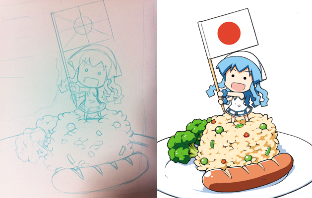 1girl :d anbe_masahiro barefoot blue_hair bracelet broccoli chibi dish dress flag food hands_up happy hat holding holding_flag in_food japanese_flag jewelry long_hair looking_at_viewer mini-ikamusume mini_flag minigirl no_nose official_art open_mouth peas rice sausage shinryaku!_ikamusume simple_background sketch sleeveless sleeveless_dress smile solid_circle_eyes solo standing tentacle_hair toothpick traditional_media v-shaped_eyebrows vegetable white_background white_dress white_headwear work_in_progress