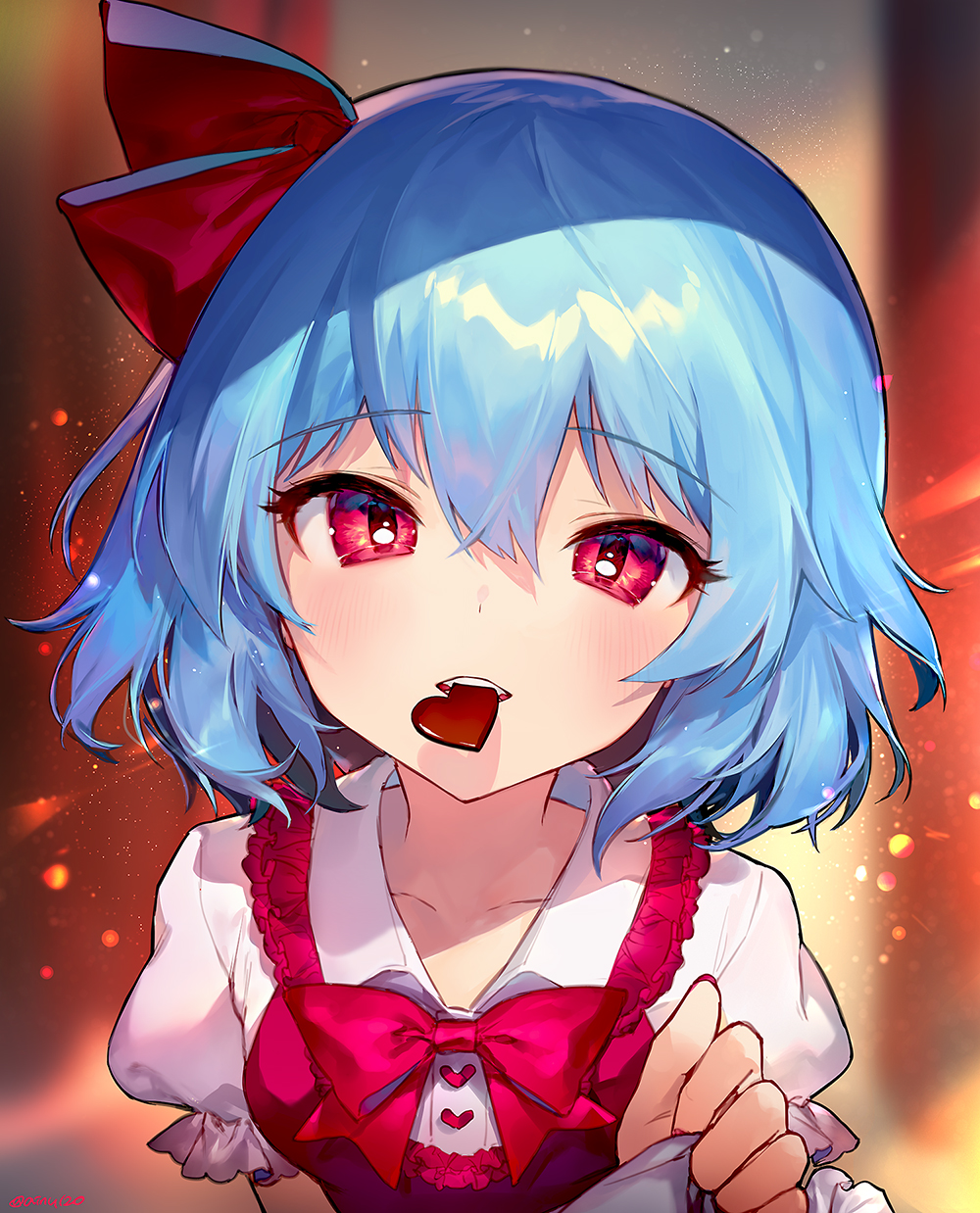 1girl ainy77 bangs blue_hair blurry blurry_background blush bow bowtie candy chocolate chocolate_heart collarbone commentary_request dress eyebrows_visible_through_hair food food_in_mouth frilled_shirt_collar frills hair_between_eyes hair_ribbon heart highres looking_at_viewer mouth_hold no_hat no_headwear parted_lips puffy_short_sleeves puffy_sleeves red_bow red_eyes red_neckwear red_ribbon remilia_scarlet ribbon short_hair short_sleeves solo touhou upper_body valentine white_dress