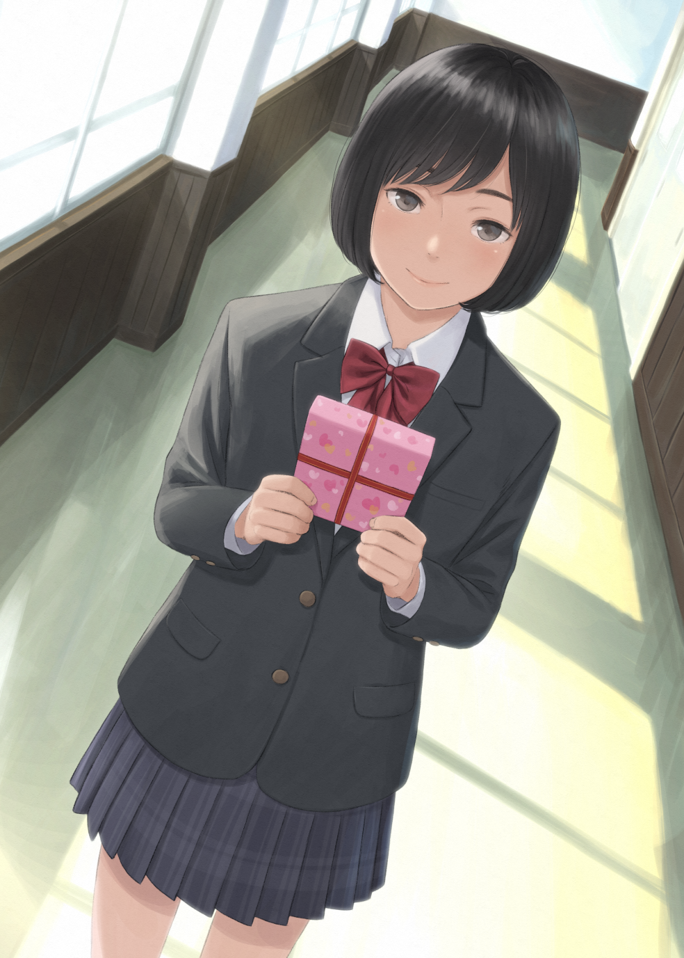 1girl bangs black_hair black_jacket black_skirt blazer bow bowtie brown_eyes closed_mouth collared_shirt commentary_request day dutch_angle gift hallway heart highres holding holding_gift indoors jacket kyak_bamboo long_sleeves looking_at_viewer miniskirt original plaid plaid_skirt pleated_skirt red_bow red_neckwear school_uniform shirt short_hair skirt smile solo swept_bangs valentine window