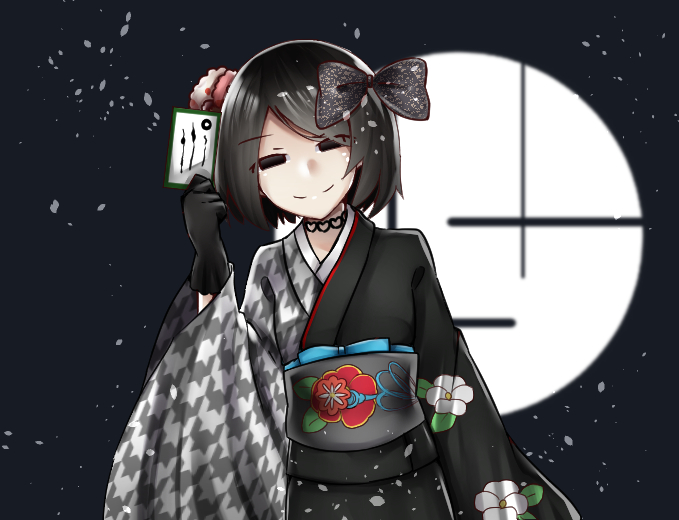 1girl bangs belt black_background black_belt black_bow black_choker black_eyes black_gloves black_hair black_kimono blank_eyes blue_belt bob_cut bow choker empty_eyes floral_print gloves hair_bow hair_ornament head_tilt holding houndstooth japanese_clothes kimono monogatari_(series) monogatari_series_puc_puc obi oshino_ougi patterned_clothing sash short_hair smile t33h8703 upper_body