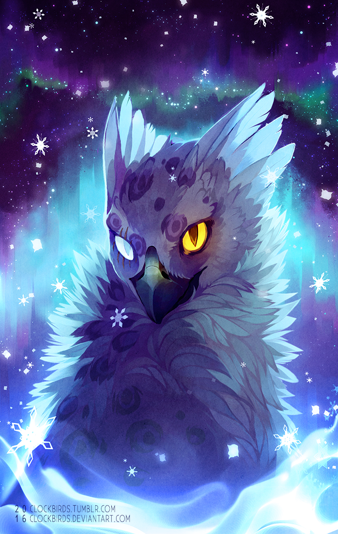 2016 aurora clockbirds commentary commission creature deviantart_username english_commentary eyrie neopets night night_sky no_humans scar scar_across_eye sky slit_pupils snowflakes solo star_(sky) starry_sky tumblr_username upper_body watermark web_address yellow_eyes