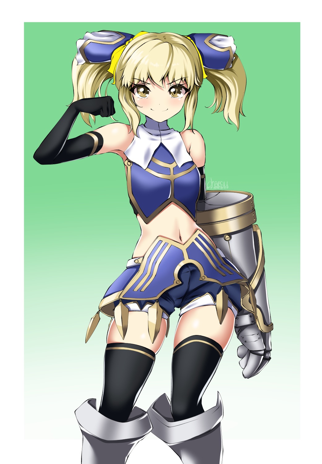 1girl armor bangs black_legwear blonde_hair blue_shorts breasts brown_eyes chaesu clenched_hand crop_top elbow_gloves eyebrows_visible_through_hair faulds gauntlets giant_fist gloves greaves hair_ornament highres looking_at_viewer medium_hair mika_(under_night_in-birth) navel pose shorts single_gauntlet small_breasts smile solo thigh-highs under_night_in-birth under_night_in-birth_exe:late[st]