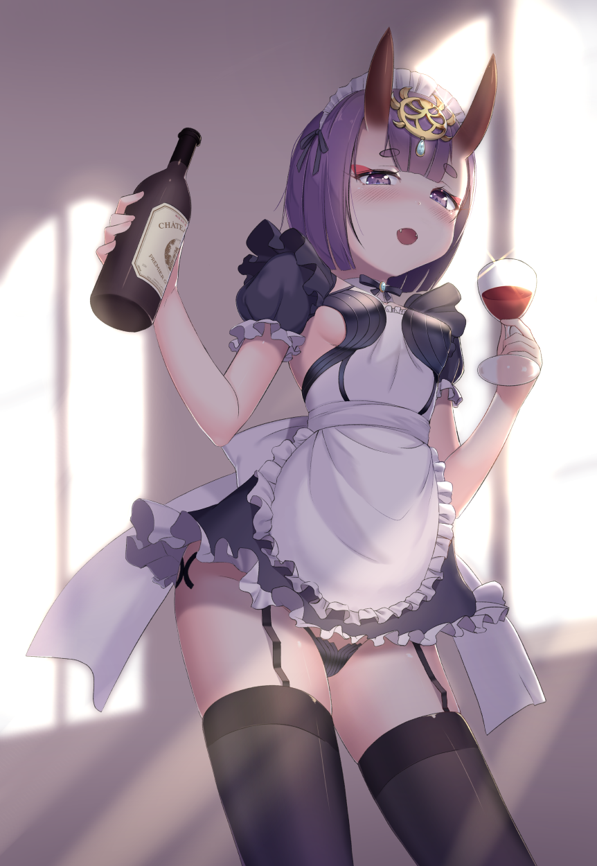 1girl apron bangs black_legwear black_panties breasts commentary eyebrows_visible_through_hair fate/grand_order fate_(series) frills highres holding horns looking_at_viewer maid oni oni_horns panties puffy_short_sleeves puffy_sleeves purple_hair raizen_(jung_0000) short_hair short_sleeves shuten_douji_(fate/grand_order) skin-covered_horns small_breasts smile solo thigh-highs underwear violet_eyes white_apron