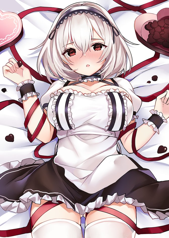 1girl ass_visible_through_thighs azur_lane bangs black_dress blush box candy chocolate chocolate_heart choker dress eyebrows_visible_through_hair food frilled_choker frills hair_between_eyes hair_intakes hands_up heart heart-shaped_box lace-trimmed_hairband looking_at_viewer nose_blush parted_lips petticoat puffy_short_sleeves puffy_sleeves red_eyes red_ribbon ribbon ry_thae short_hair short_sleeves sirius_(azur_lane) solo thigh-highs thighs two-tone_dress valentine white_dress white_hair white_legwear
